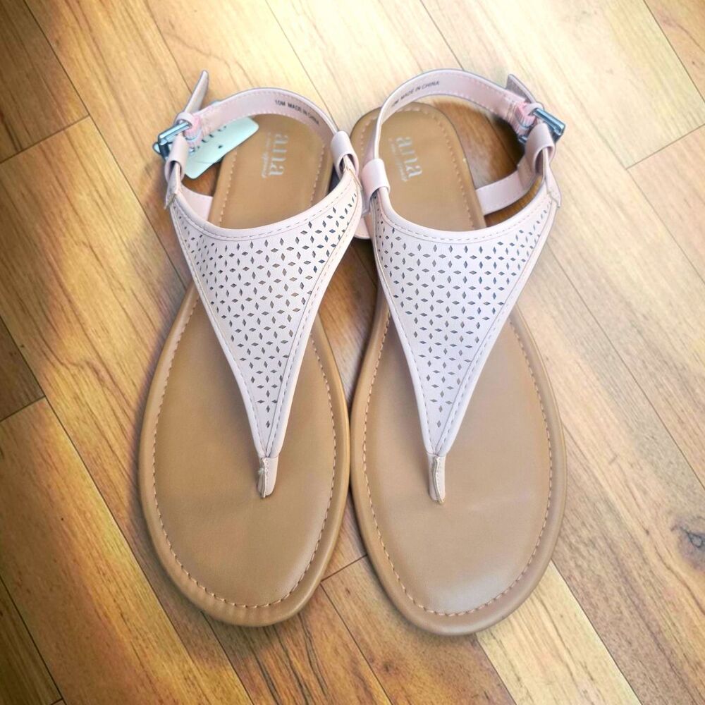 Women’s Beige Pink Thong Ankle Strap Sandals Buckle Synthetic Upper US 10